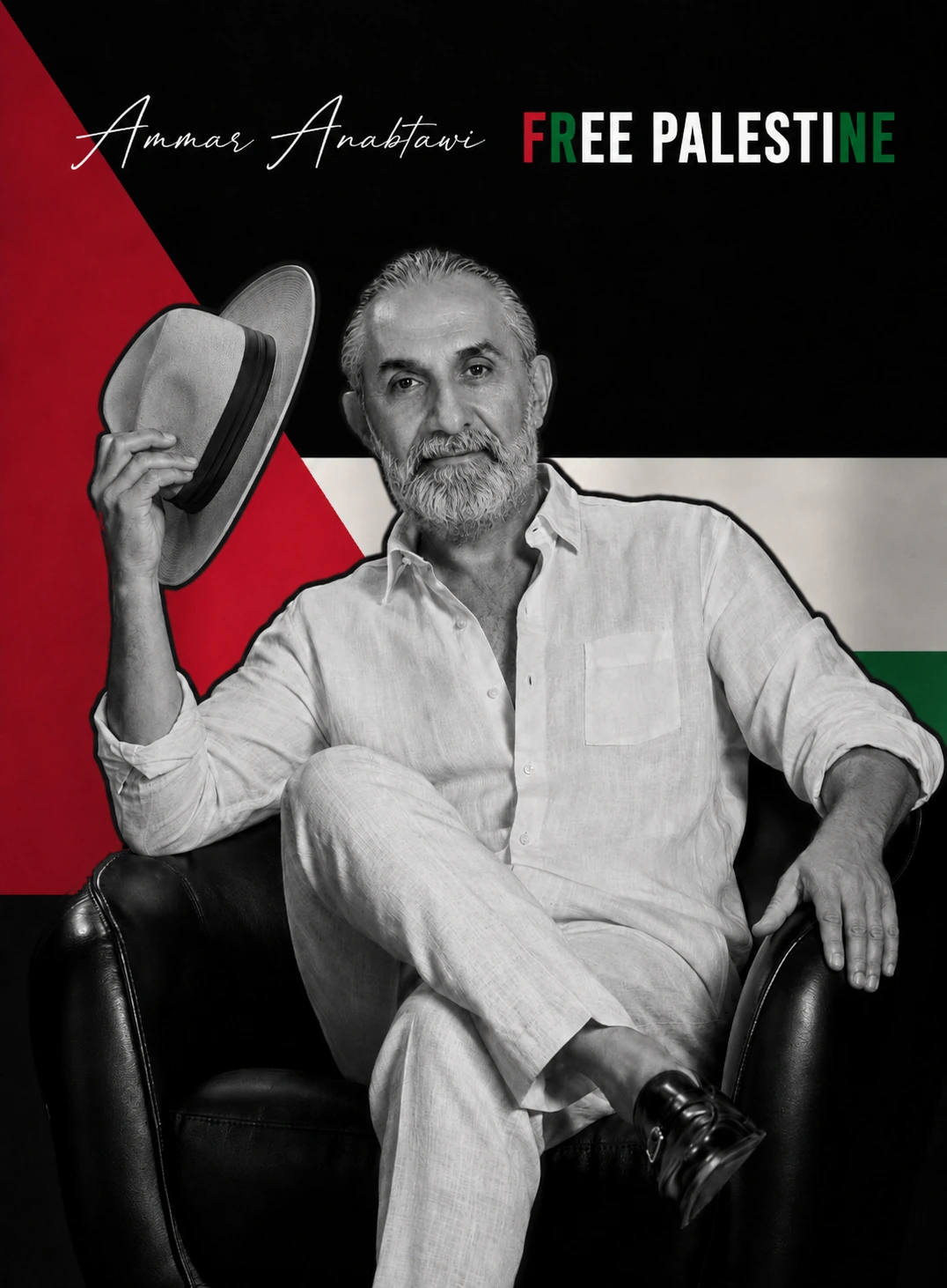 Portrait of Ammar Anabtawi seated in a black chair with a Palestinian flag background and Free Palestine text